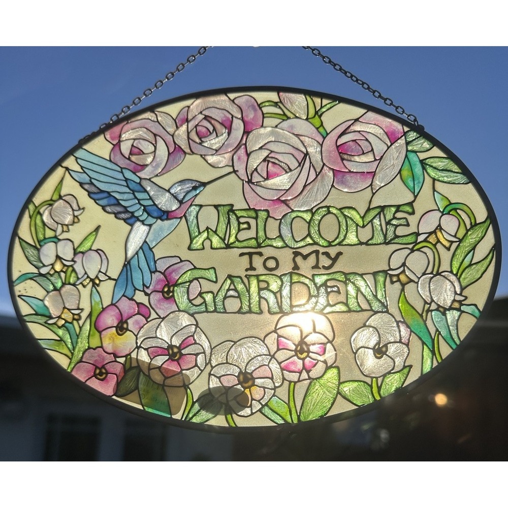 VTG Stained Glass Hummingbirds Floral Joan Baker Suncatcher Hand Painted 9 X 6.5